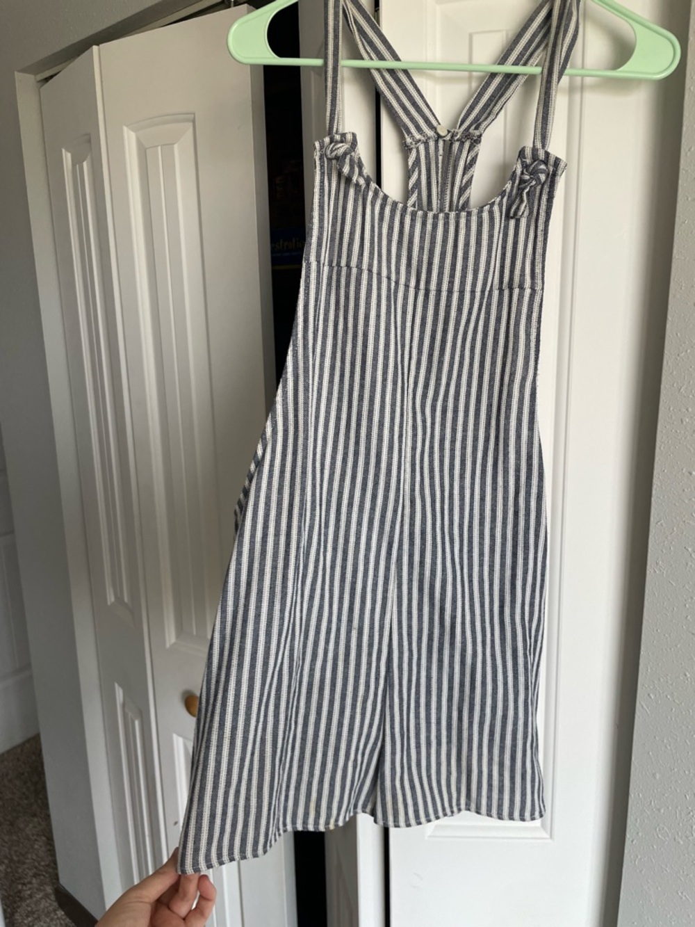 Striped Linen-Blend Overalls in Navy and White